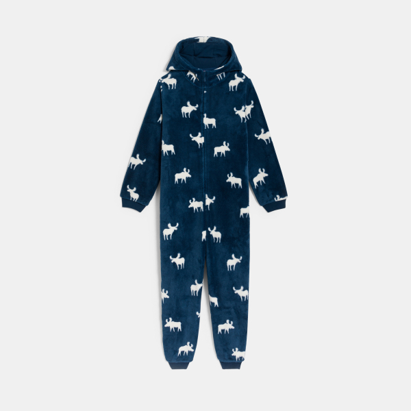 جمبسوت بيجاما من الصوف بطبعة باللون الأزرق الداكن